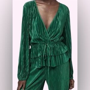 Zara Emerald Green Pleated Satin Wrap Blouse Ruffle Hem Long Sleeve S